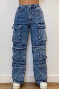 Blue Casual Solid Color Pocket Straight Denim Jeans