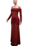 Burgundy Sexy Solid Color Lace See-Through Off Shoulder Long Dresses