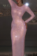 Pink Elegant Solid Color Sequined O Neck Long Dresses