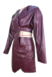 Coffee Sexy Solid Color Irregular Turndown Collar Long Sleeve Two Pieces