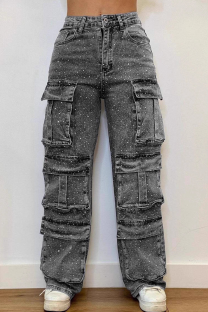 Grey Casual Solid Color Pocket Straight Denim Jeans