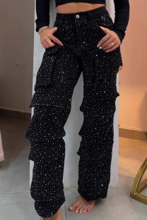 Black Casual Solid Color Pocket Straight Denim Jeans