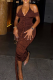 Dark Brown Sexy Solid Color Ruched Spaghetti Strap Long Dresses