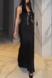 Black Elegant Solid Color Cross Straps Strapless Long Dresses