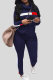 Navy Blue Casual Stripe Contrast Asymmetrical Collar Long Sleeve Two Pieces