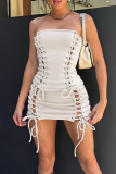 Cream White Sexy Solid Color Cross Straps Strapless Sleeveless Two Pieces