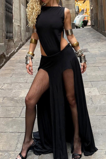 Black Sexy Solid Color High Slit O Neck Sleeveless Two Pieces