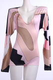 Pink Sexy Print Contrast V Neck Regular Rompers