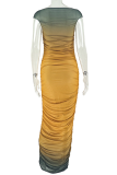 Yellow Elegant Gradient Ruched O Neck Long Dresses