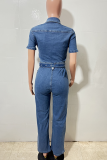 Blue Casual Solid Color With Belt Turndown Collar Short Sleeve Regular Denim Jumpsuits