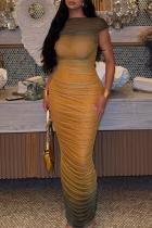 Yellow Elegant Gradient Ruched O Neck Long Dresses