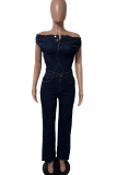 Deep Blue Casual Solid Color Patchwork Off Shoulder Short Sleeve Loose Denim Jumpsuits