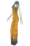Yellow Elegant Gradient Ruched O Neck Long Dresses