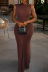 Dark Brown Elegant Solid Color Ruched O Neck Long Dresses
