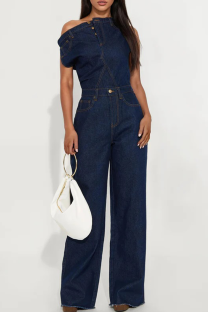 Deep Blue Casual Solid Color Patchwork Off Shoulder Short Sleeve Loose Denim Jumpsuits