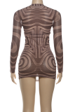 Brown Sexy Stripe See-Through O Neck Sheath Dresses