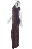 Dark Brown Sexy Solid Color Ruched Spaghetti Strap Long Dresses