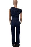 Deep Blue Casual Solid Color Patchwork Off Shoulder Short Sleeve Loose Denim Jumpsuits