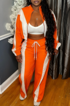Tangerine Red Casual Contrast Zipper Collar Long Sleeve Two Pieces