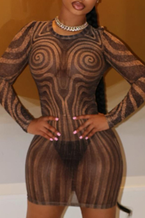 Brown Sexy Stripe See-Through O Neck Sheath Dresses