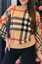 Yellow Casual Plaid Contrast O Neck Tops