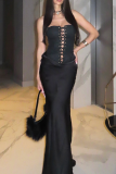 Black Elegant Solid Color Cross Straps Strapless Long Dresses