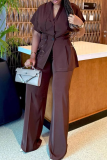 Brown Casual Solid Color Patchwork Turndown Collar Short Sleeve Two Pieces