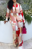 Red Casual Print Buckle Turndown Collar Long Sleeve Two Pieces