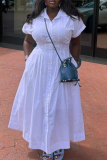 White Casual Solid Color Buckle Turndown Collar Long Dresses