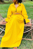 Yellow Casual Solid Color Patchwork Turndown Collar Long Sleeve Two Pieces