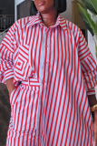 Red Casual Stripe Buckle Shirt Collar Long Sleeve Two Pieces
