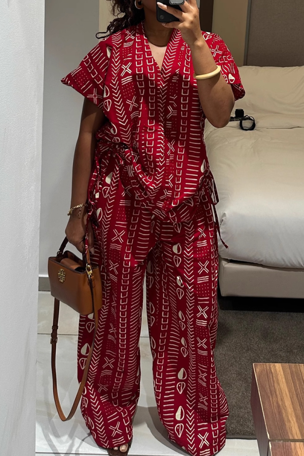 Red Casual Print Draw String V Neck Short Sleeve Two Pieces