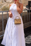 White Elegant Solid Color Buckle O Neck Long Dresses