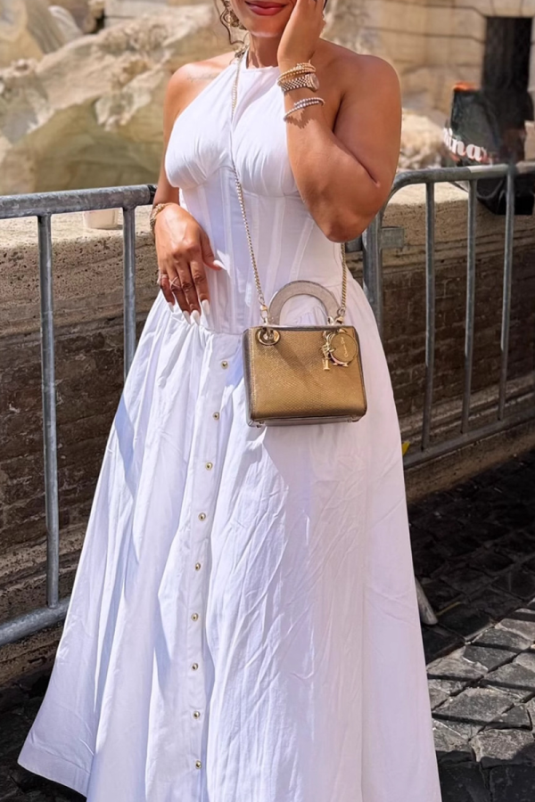 White Elegant Solid Color Buckle O Neck Long Dresses