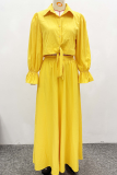 Yellow Casual Solid Color Patchwork Turndown Collar Long Sleeve Two Pieces