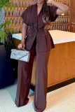 Brown Casual Solid Color Patchwork Turndown Collar Short Sleeve Two Pieces