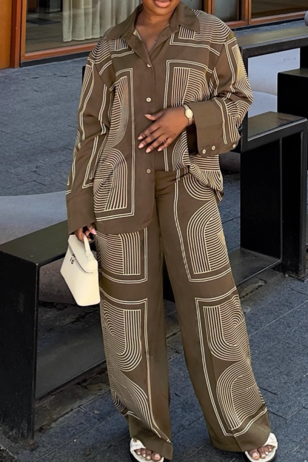 Green Casual Stripe Buckle Shirt Collar Long Sleeve Two Pieces