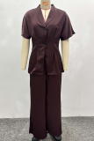 Brown Casual Solid Color Patchwork Turndown Collar Short Sleeve Two Pieces