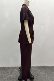 Brown Casual Solid Color Patchwork Turndown Collar Short Sleeve Two Pieces