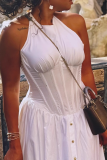 White Elegant Solid Color Buckle O Neck Long Dresses