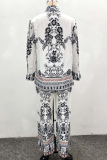 White Black Casual Print Buckle Turndown Collar Long Sleeve Two Pieces
