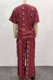 Red Casual Print Draw String V Neck Short Sleeve Two Pieces