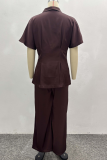 Brown Casual Solid Color Patchwork Turndown Collar Short Sleeve Two Pieces