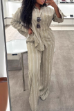 Khaki Casual Stripe Buckle Shirt Collar Long Sleeve Two Pieces