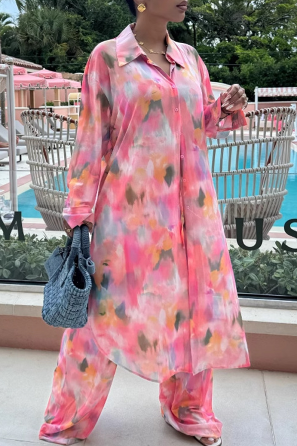 Pink Casual Print Buckle Turndown Collar Long Sleeve Two Pieces