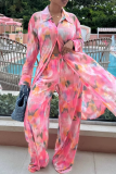 Pink Casual Print Buckle Turndown Collar Long Sleeve Two Pieces