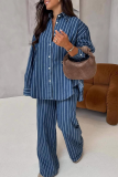 Blue Casual Stripe Buckle Turndown Collar Long Sleeve Two Pieces