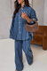Blue Casual Stripe Buckle Turndown Collar Long Sleeve Two Pieces