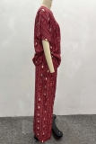 Red Casual Print Draw String V Neck Short Sleeve Two Pieces