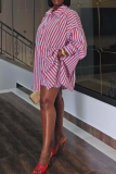 Red Casual Stripe Buckle Shirt Collar Long Sleeve Two Pieces